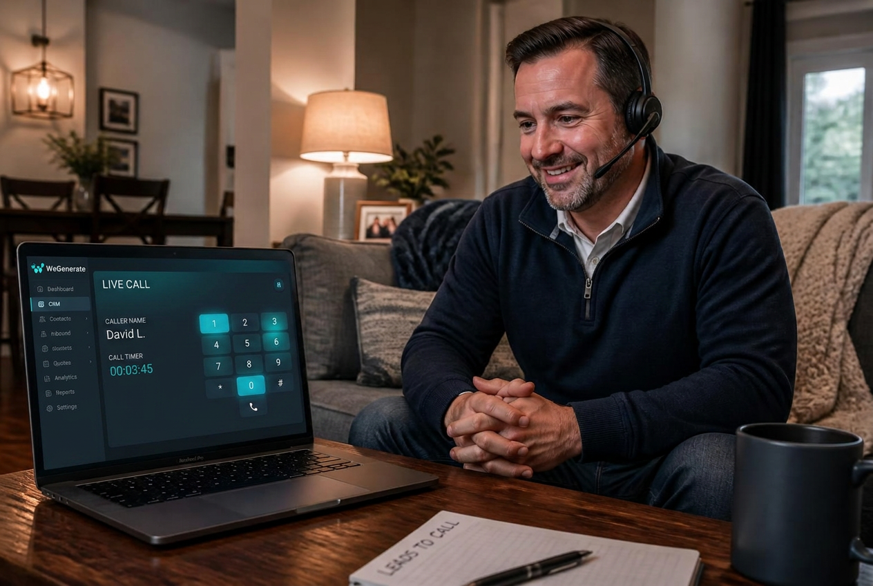 Insurance agent at home taking an inbound call on the WeGenerate platform
